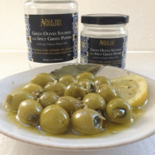 Green olives stuffed with spicy green pepper in extra virgin olive oil