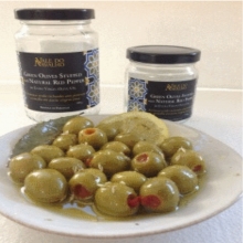 Green olives stuffed with natural red pepper in extra virgin olive oil